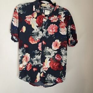 Denim & Flower Ricky Singh Navy Floral Print Short Sleeve Button Up